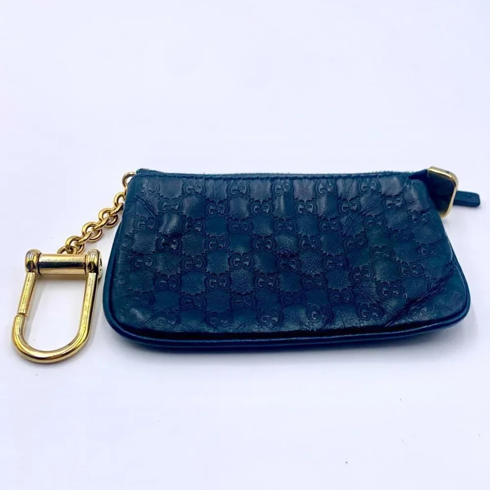 Auth GUCCI Navy Guccisima Zip Coin Purse Key Chain Excellent Preloved Pouch